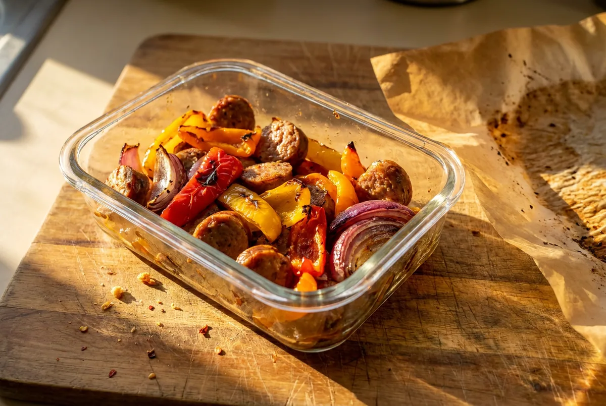 A meal prep container with roasted Italian sausage, bell peppers, and red onion.