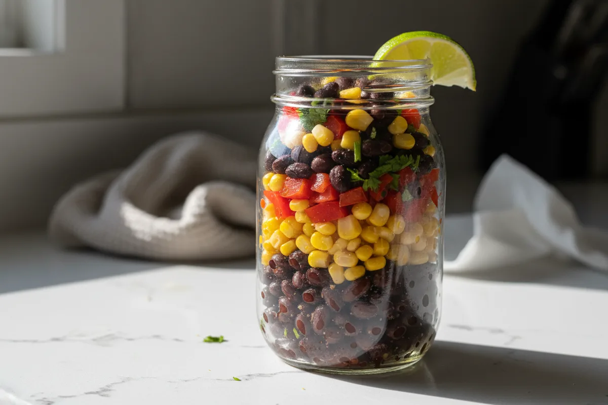 A vibrant black bean and corn salad in a clear meal prep container.