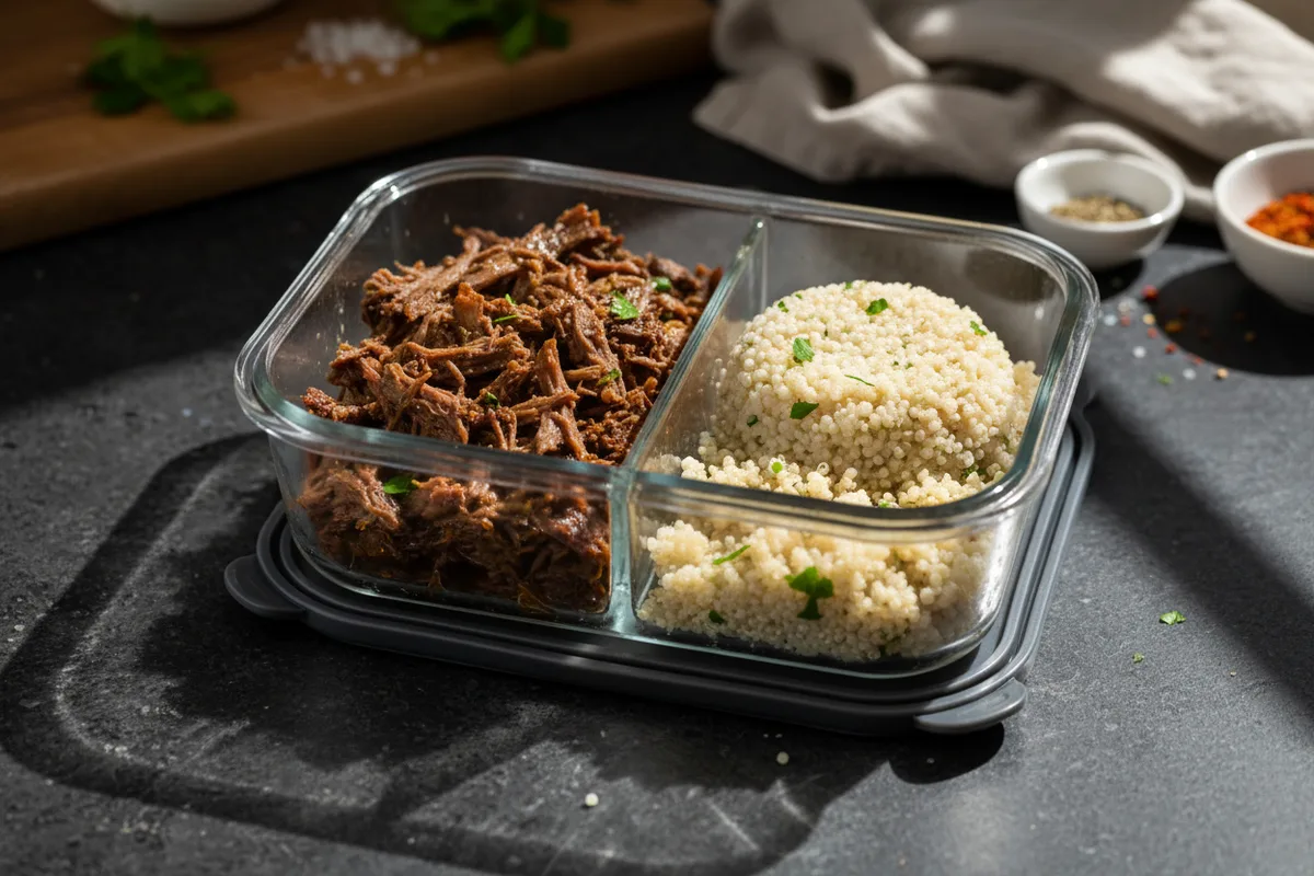 A meal prep container with shredded beef next to a serving of quinoa.