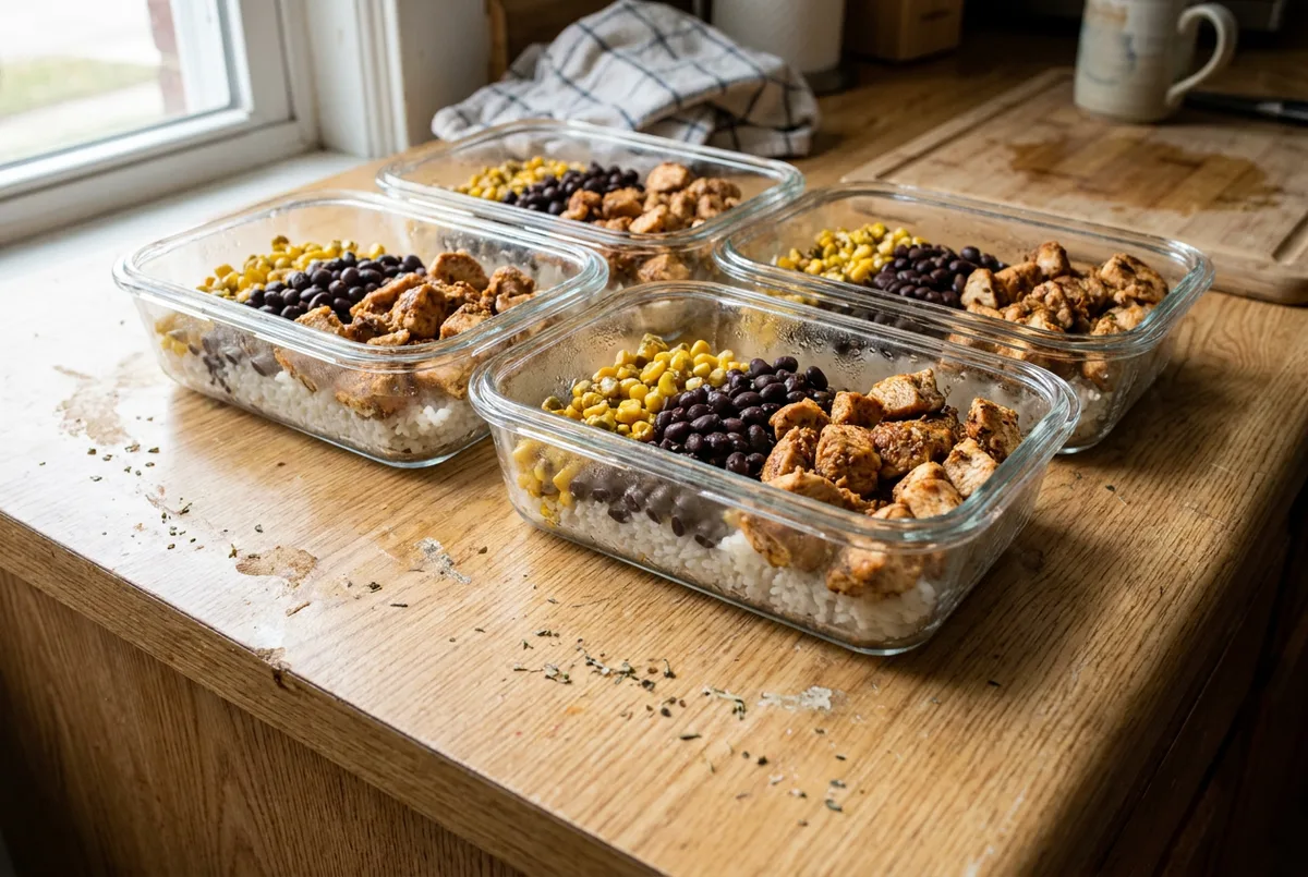 Four glass meal prep containers with layers of rice, black beans, corn, and seasoned chicken.