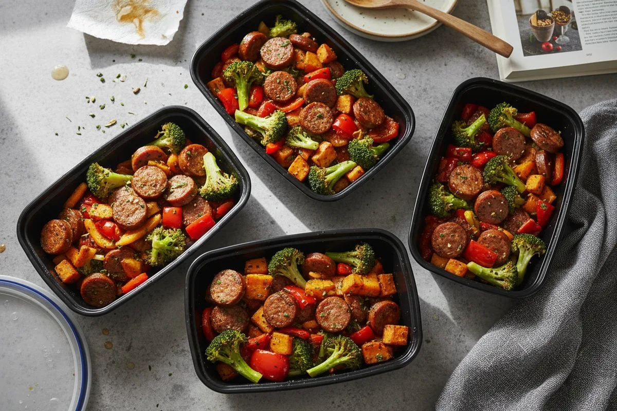 Meal prep containers filled with roasted Italian sausage, broccoli, red bell pepper, and sweet potato chunks.