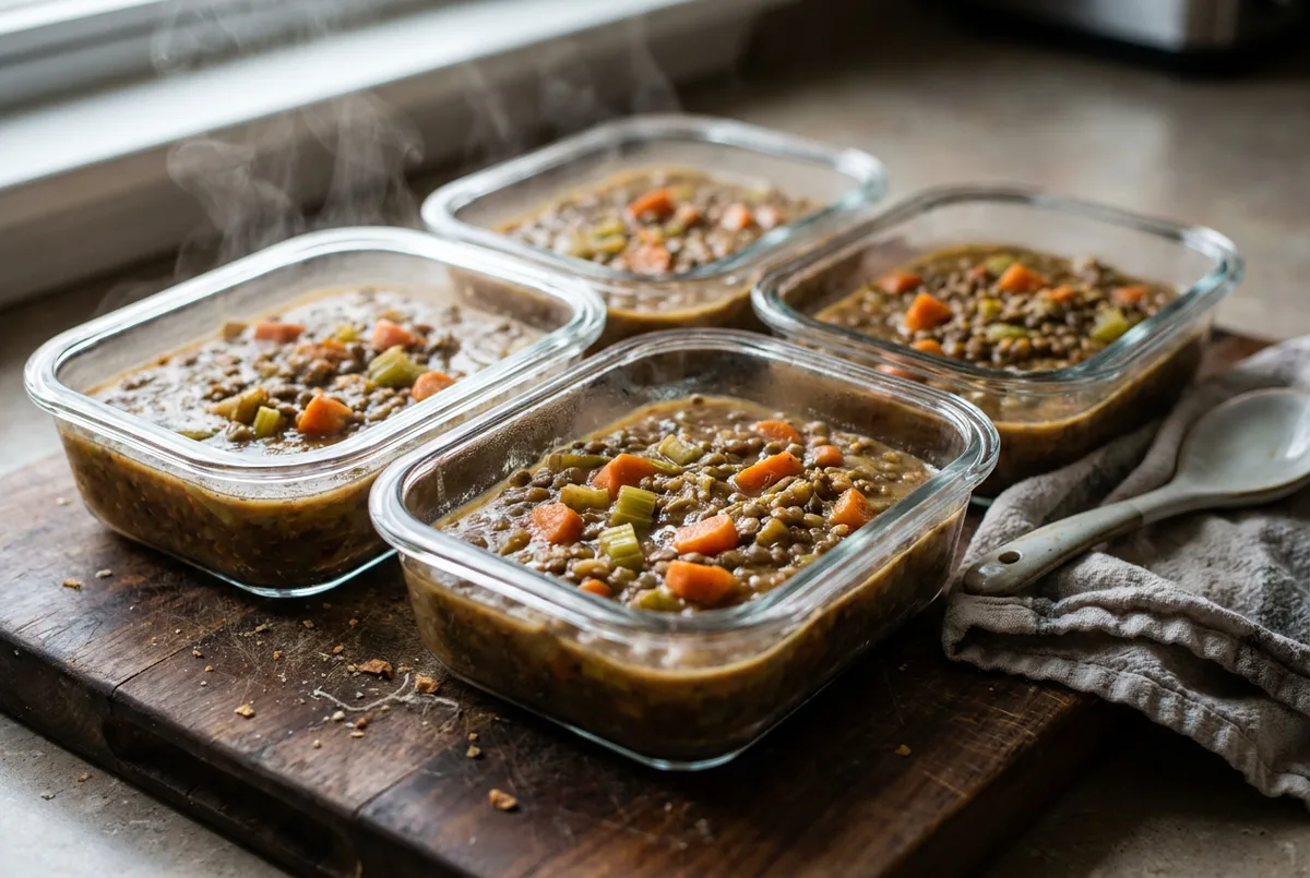 Four soup containers filled with thick lentil soup with carrots and celery visible.