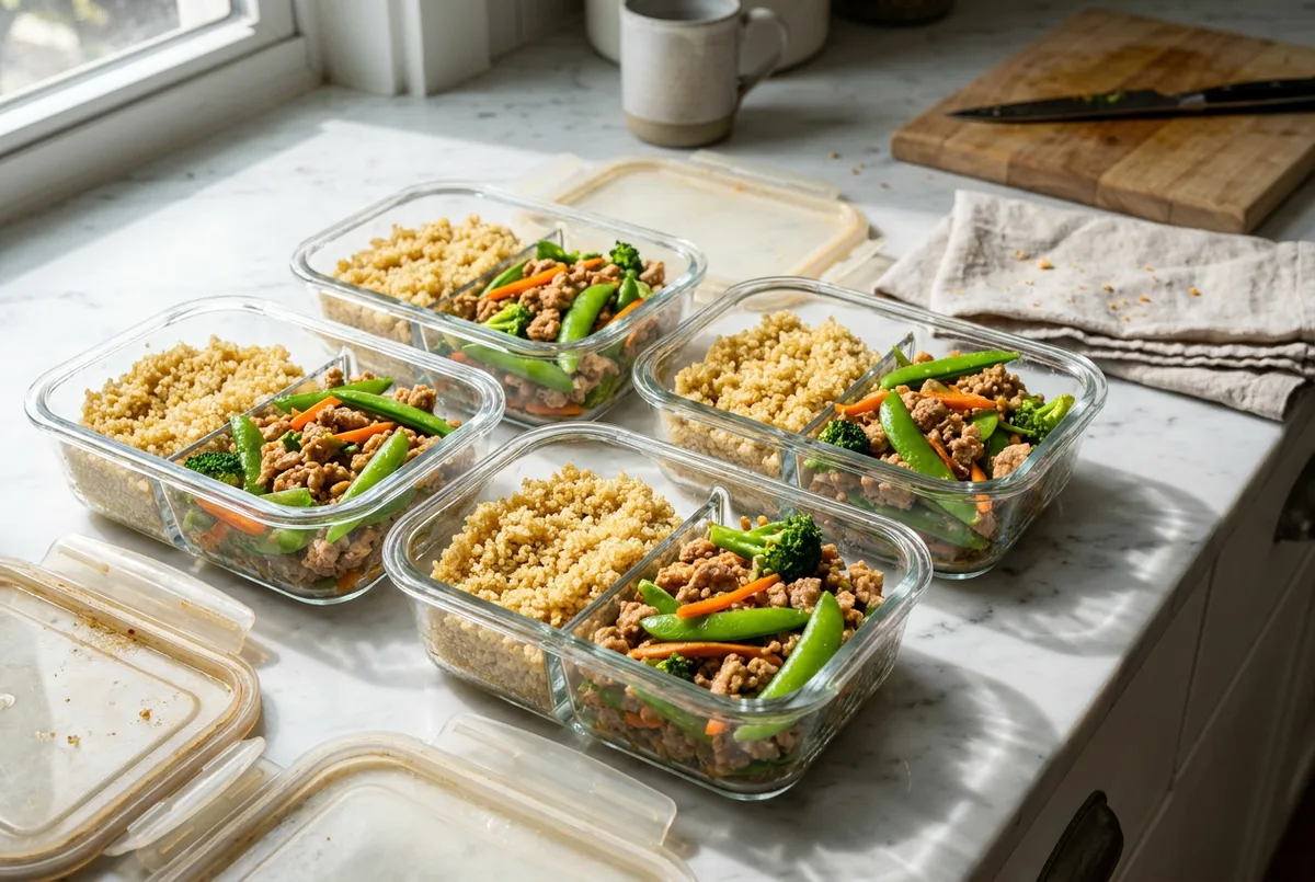 Meal prep containers with a base of quinoa topped with ground turkey and vegetable stir fry.