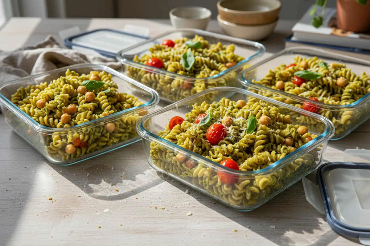Four containers of rotini pasta salad with pesto, chickpeas, and red cherry tomatoes.