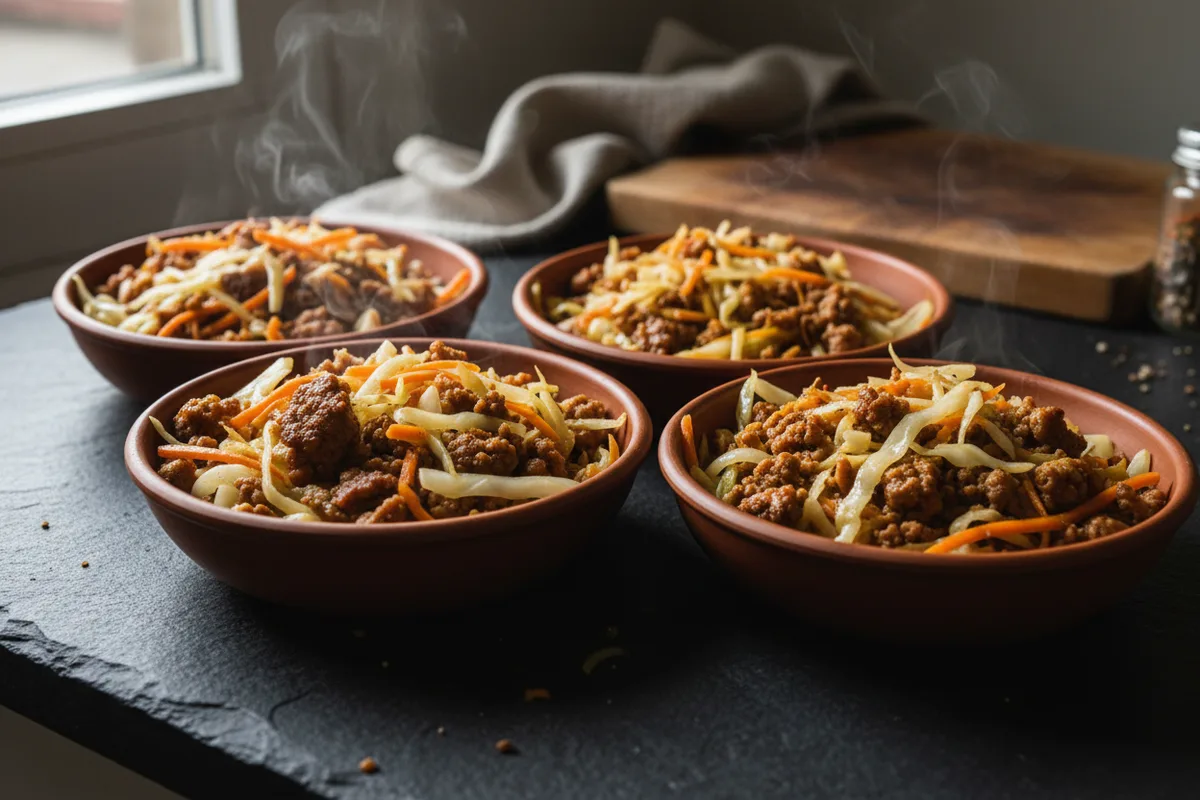 Meal prep containers filled with a mixture of ground pork, shredded cabbage, and carrots.