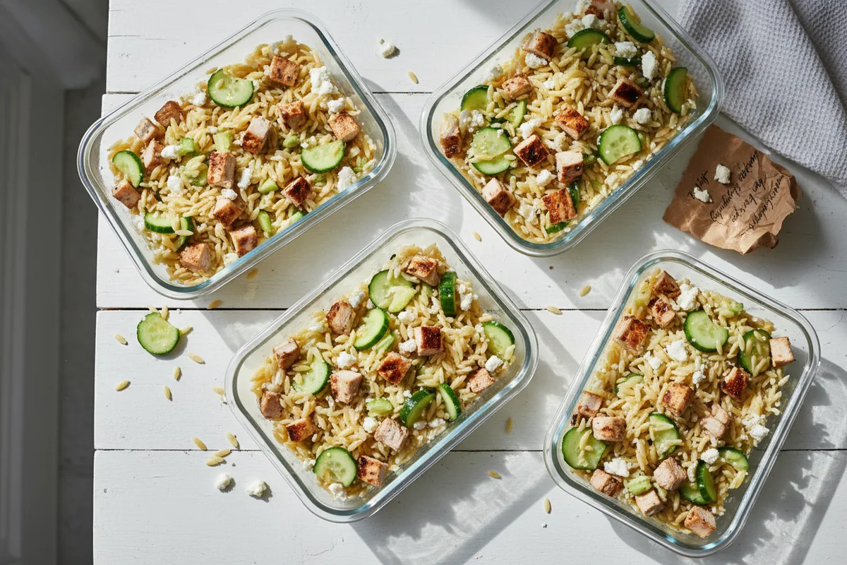 Four containers with orzo pasta salad, diced chicken, cucumber, and feta cheese.
