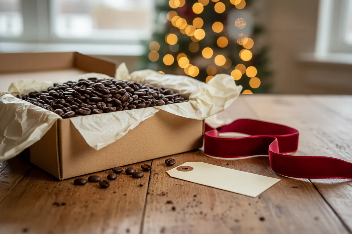 A brown paper bag of coffee beans lies on a rustic wood counter next to a ceramic mug.