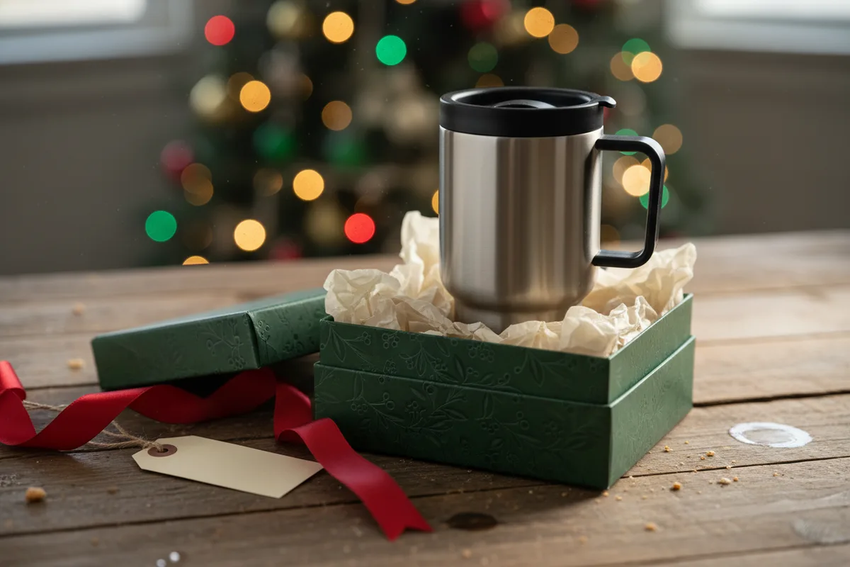 A matte black insulated travel mug stands on a kitchen counter near a coffee maker.