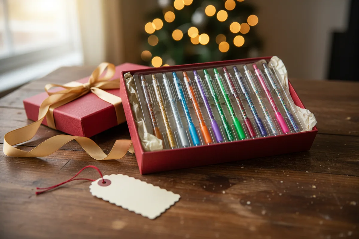A dozen colorful gel pens fanned out on an open planner with handwritten notes.