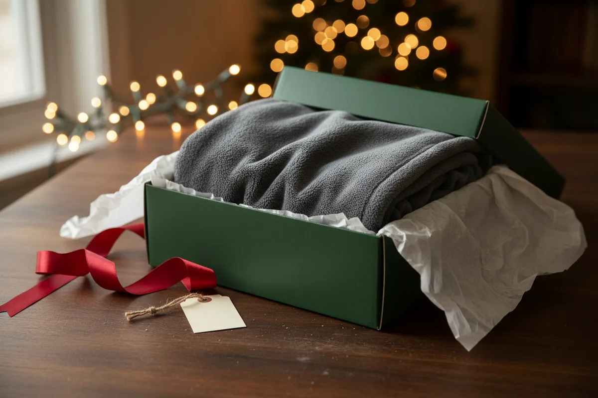A plush gray fleece blanket folded over the arm of a beige couch.