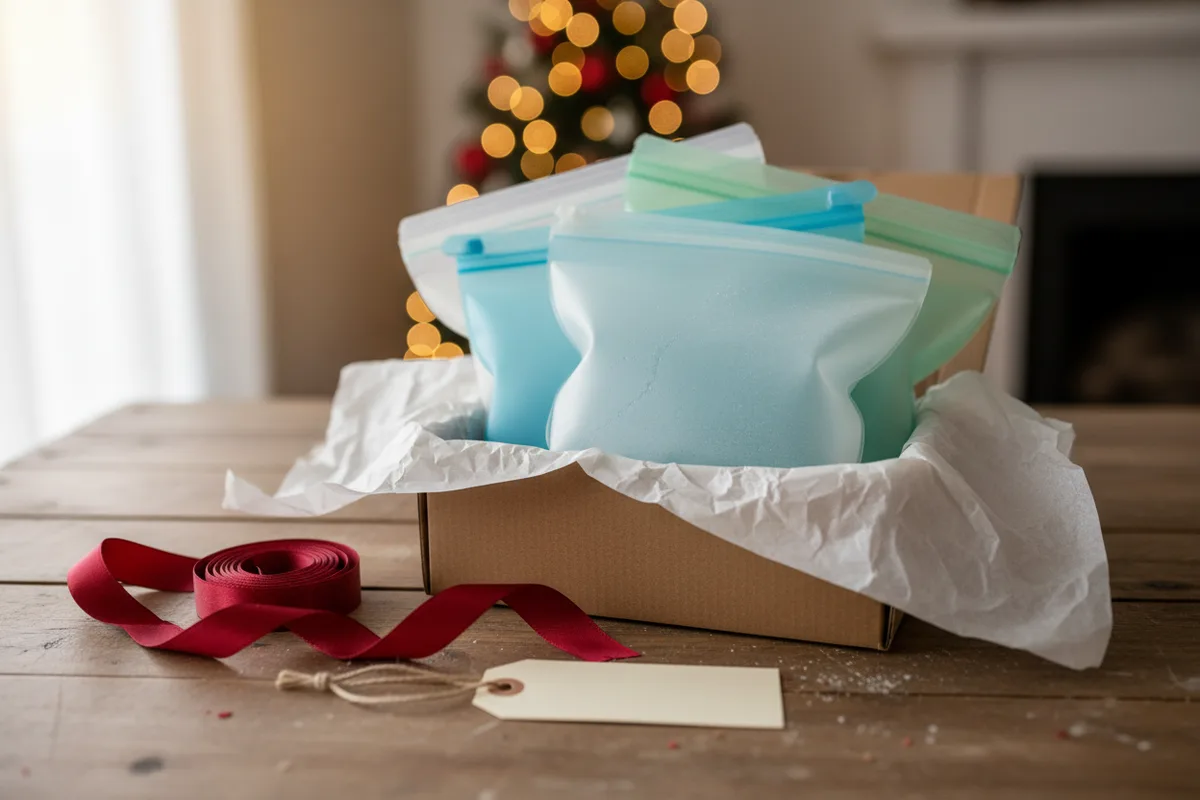 Three different-sized pastel silicone food bags standing on a white marble counter.