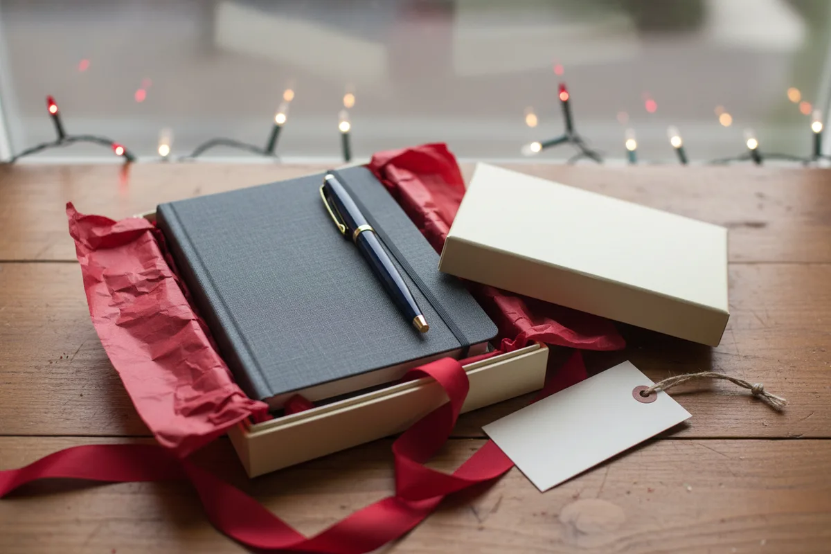A closed olive green hardcover journal with a black pen on top, sitting on a wooden desk.