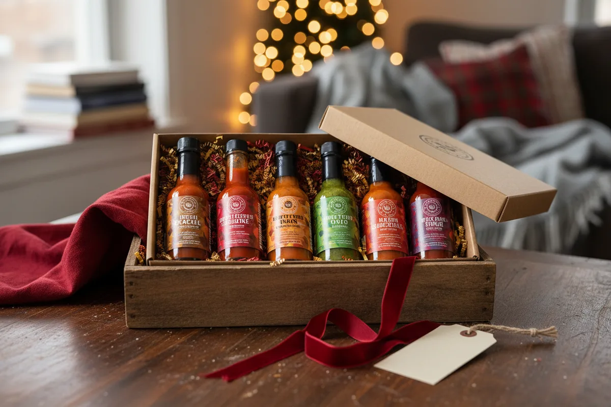 Three small, distinct glass bottles of hot sauce arranged on a kitchen table.
