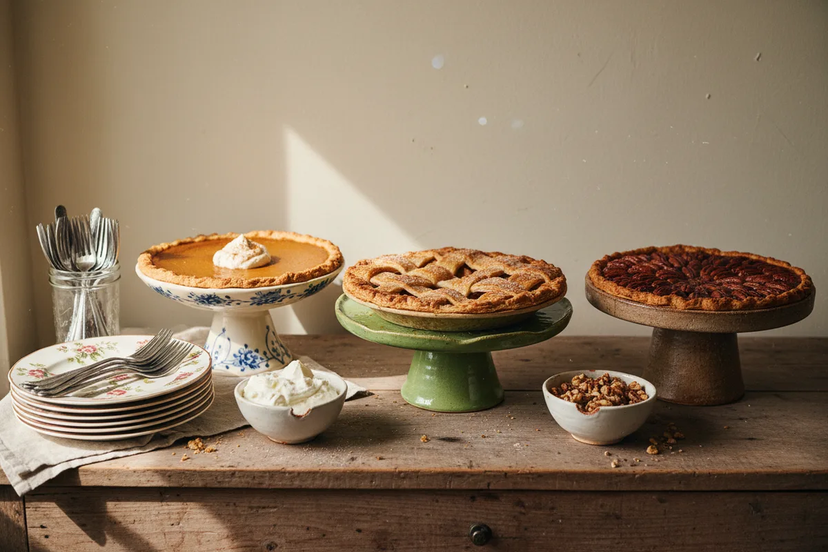 A rustic wooden table with several different pies on cake stands and bowls of toppings.