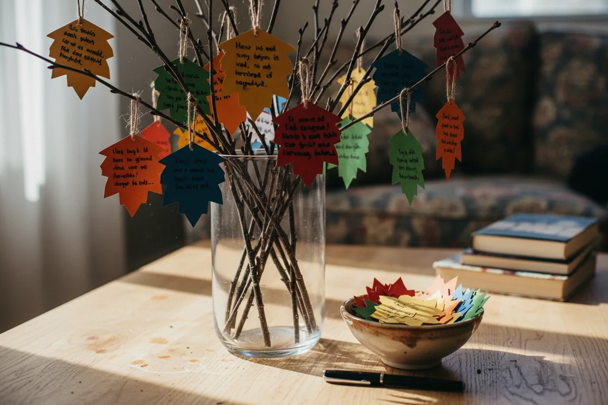 A vase with bare branches decorated with paper leaves that have handwritten notes on them.