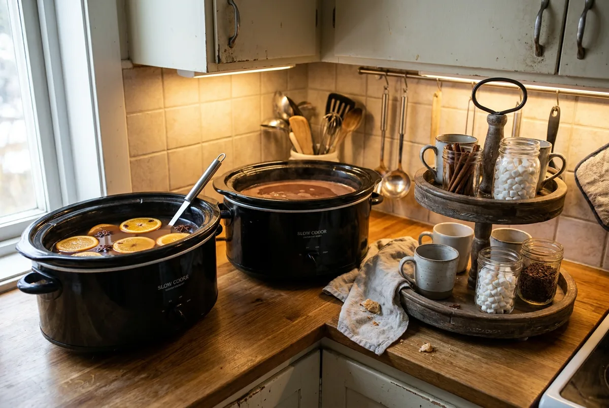 Two slow cookers, one with apple cider and one with hot cocoa, with mugs and toppings.