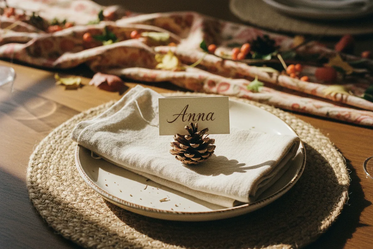 A close up of a Thanksgiving table setting with a pinecone holding a name card.