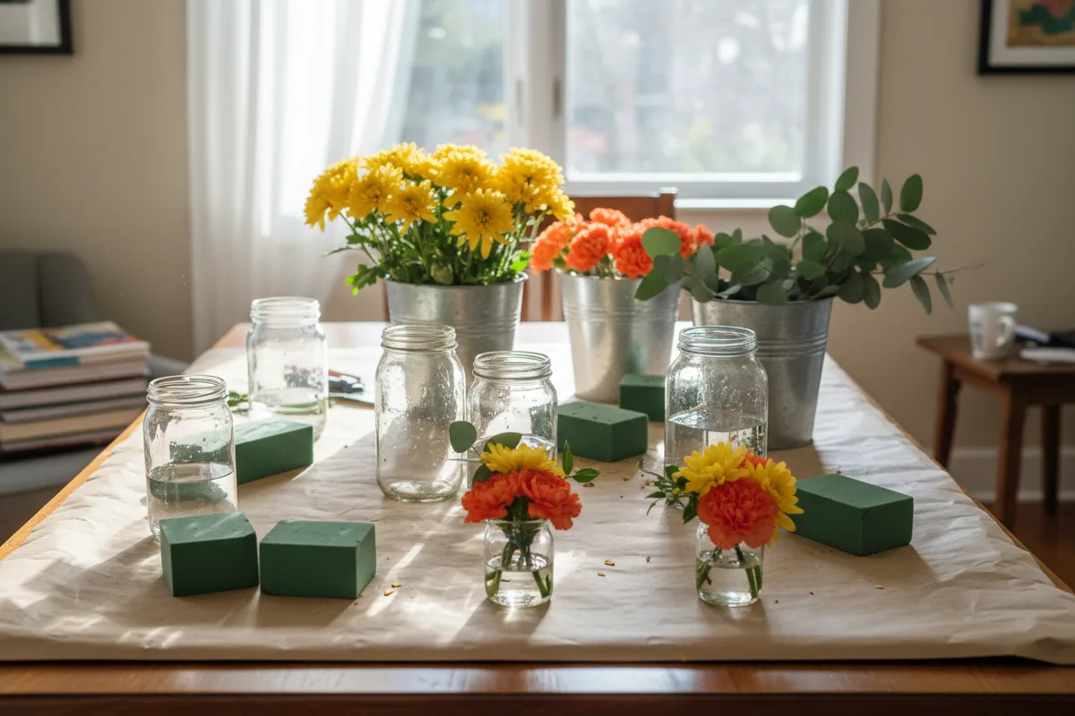 A table with small vases, flowers, and greenery for guests to make their own arrangements.