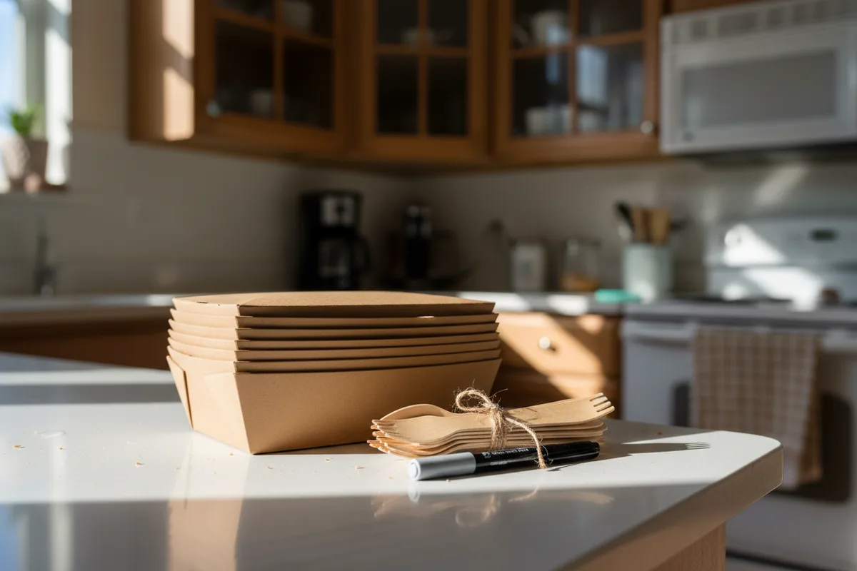 A stack of takeout containers and a marker on a counter for guests to pack leftovers.