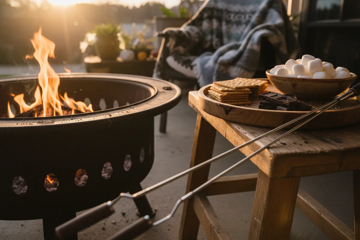 A platter with graham crackers, chocolate, and marshmallows next to a fire pit.