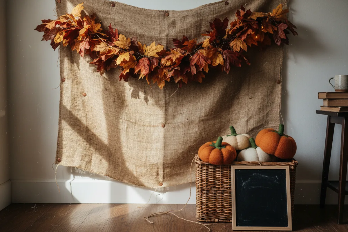 A burlap backdrop with a fall leaf garland and a few simple props for photos.