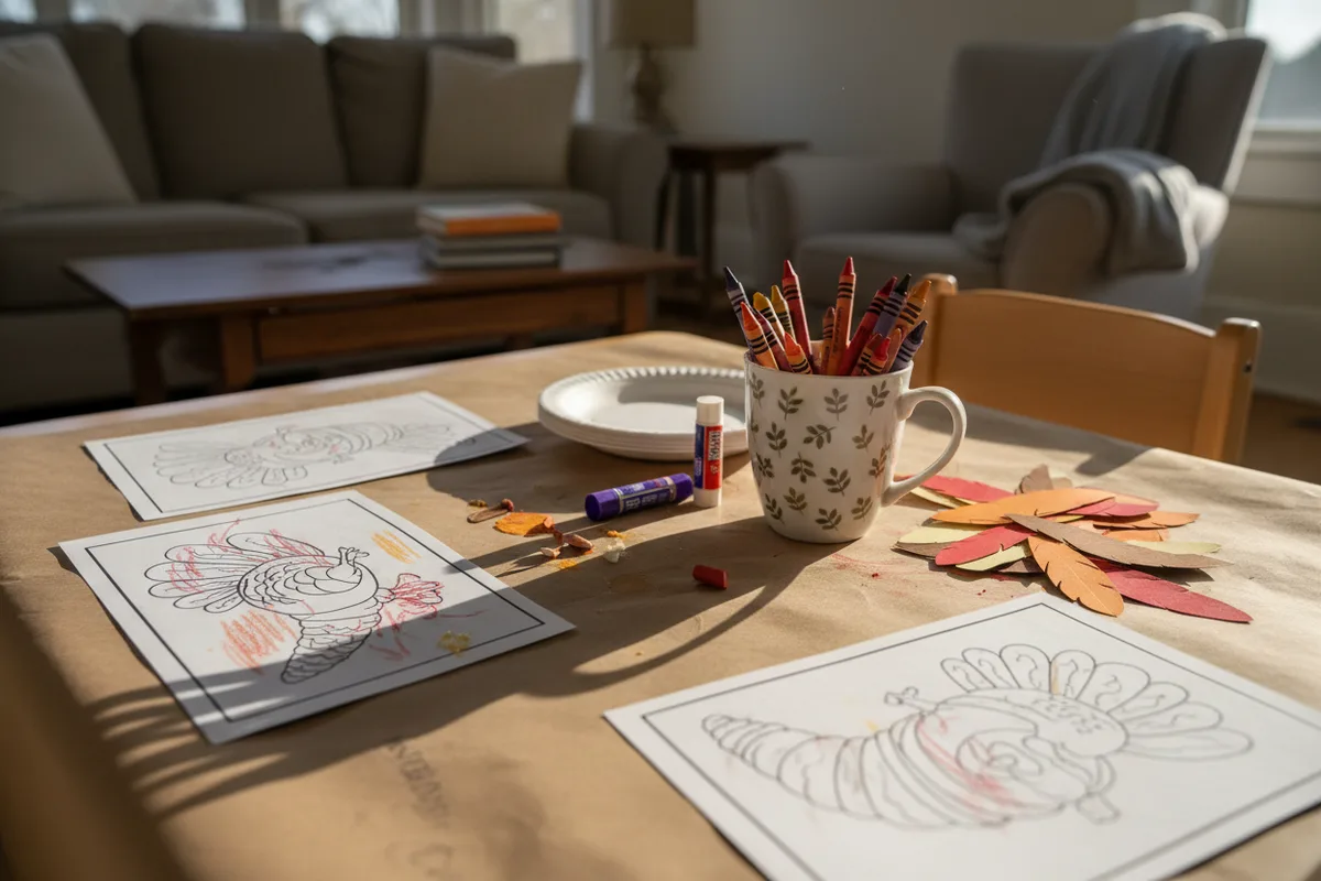 A low table with coloring sheets, crayons, and paper plate craft supplies for kids.