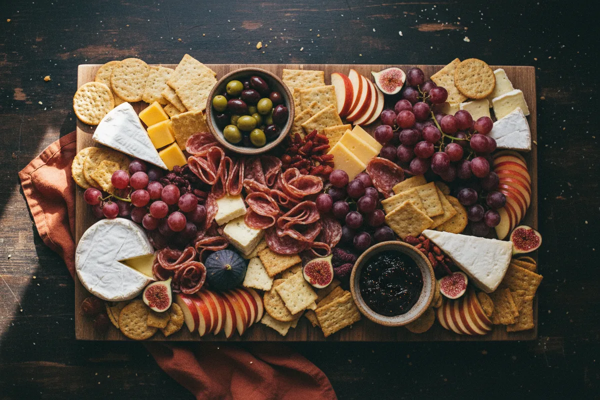 A large wooden board filled with cheeses, fruits, nuts, and crackers for a fall party.