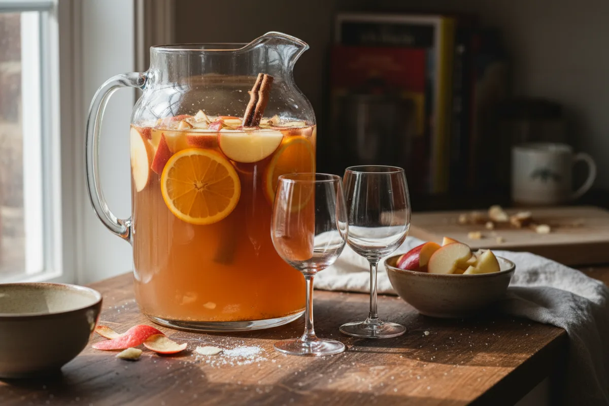 A glass pitcher of apple cider sangria filled with sliced apples and oranges.