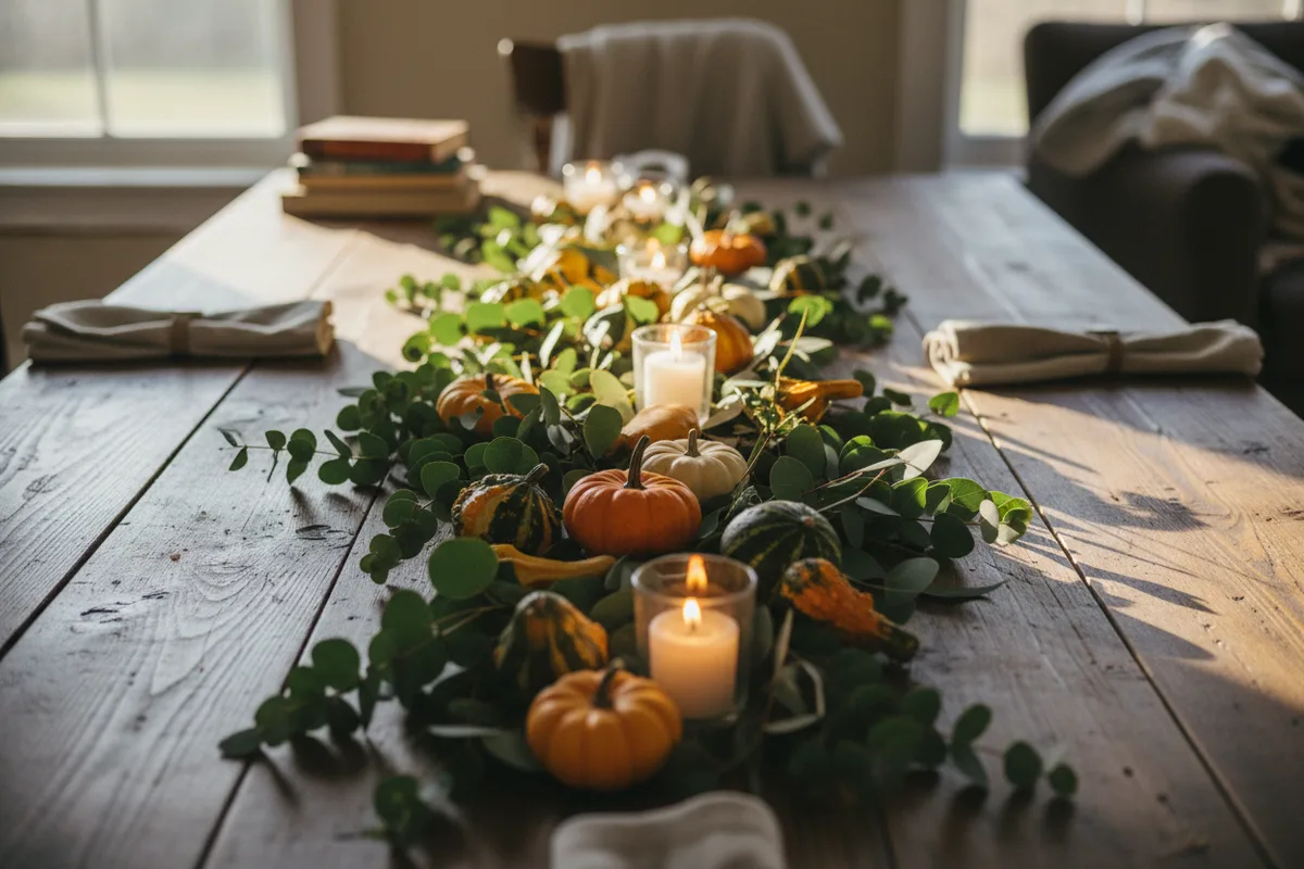 A table runner made from eucalyptus, small pumpkins, and gourds down the center of a table.