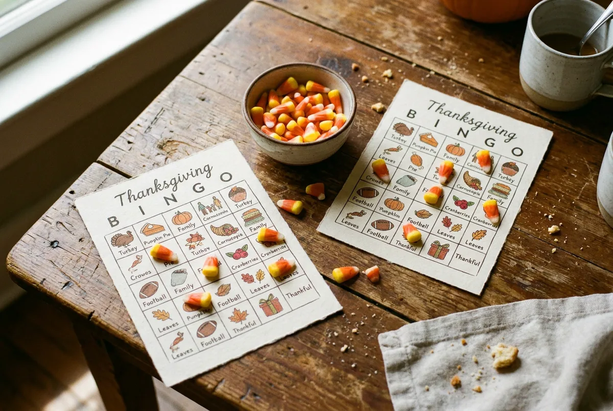 Thanksgiving bingo cards on a table with candy corn markers.
