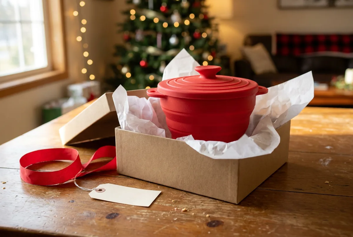 A red collapsible silicone bowl filled with freshly made popcorn on a kitchen counter.