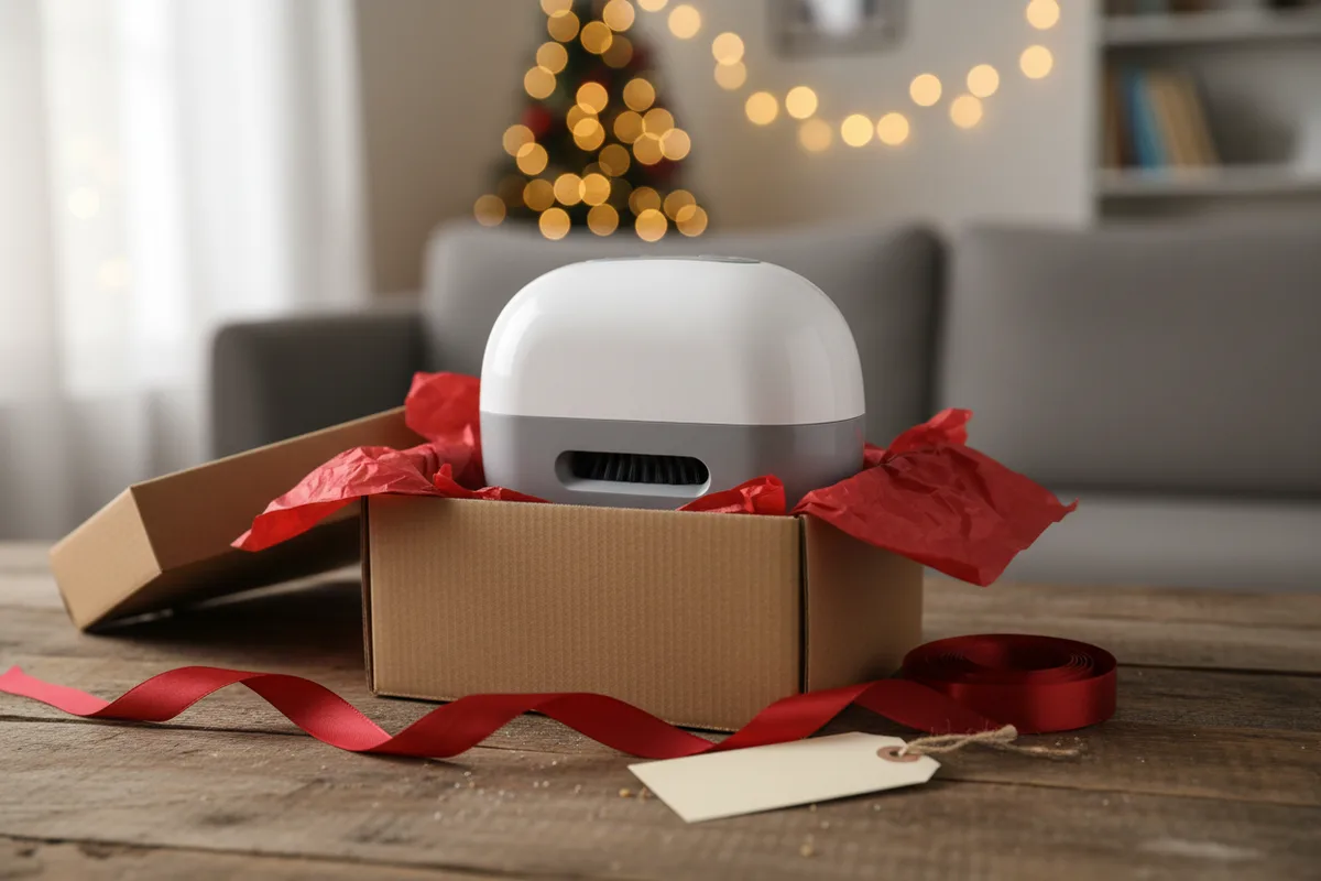A small white desktop vacuum cleaner sits on a wooden desk next to a keyboard.