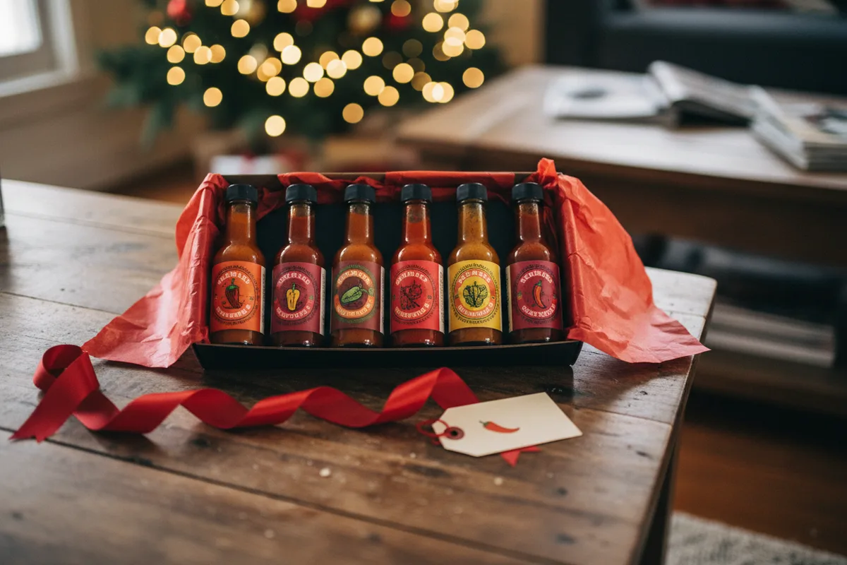 Three small bottles of hot sauce with different colored labels arranged on a wooden cutting board.