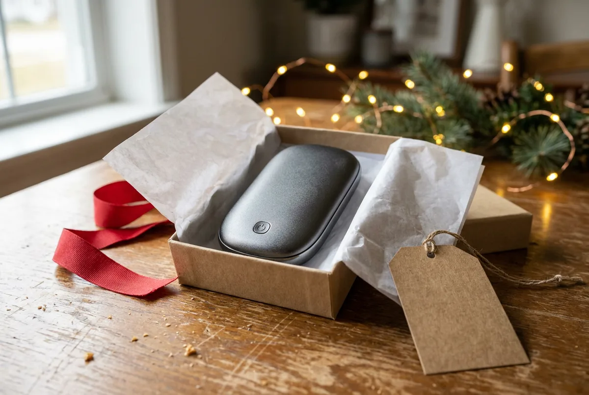 A smooth, gray, pebble-shaped rechargeable hand warmer held in a person's hands.