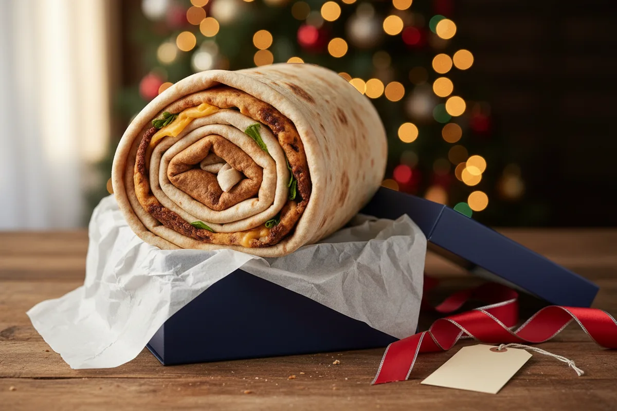 A round fleece blanket printed to look like a flour tortilla is spread out on a couch.