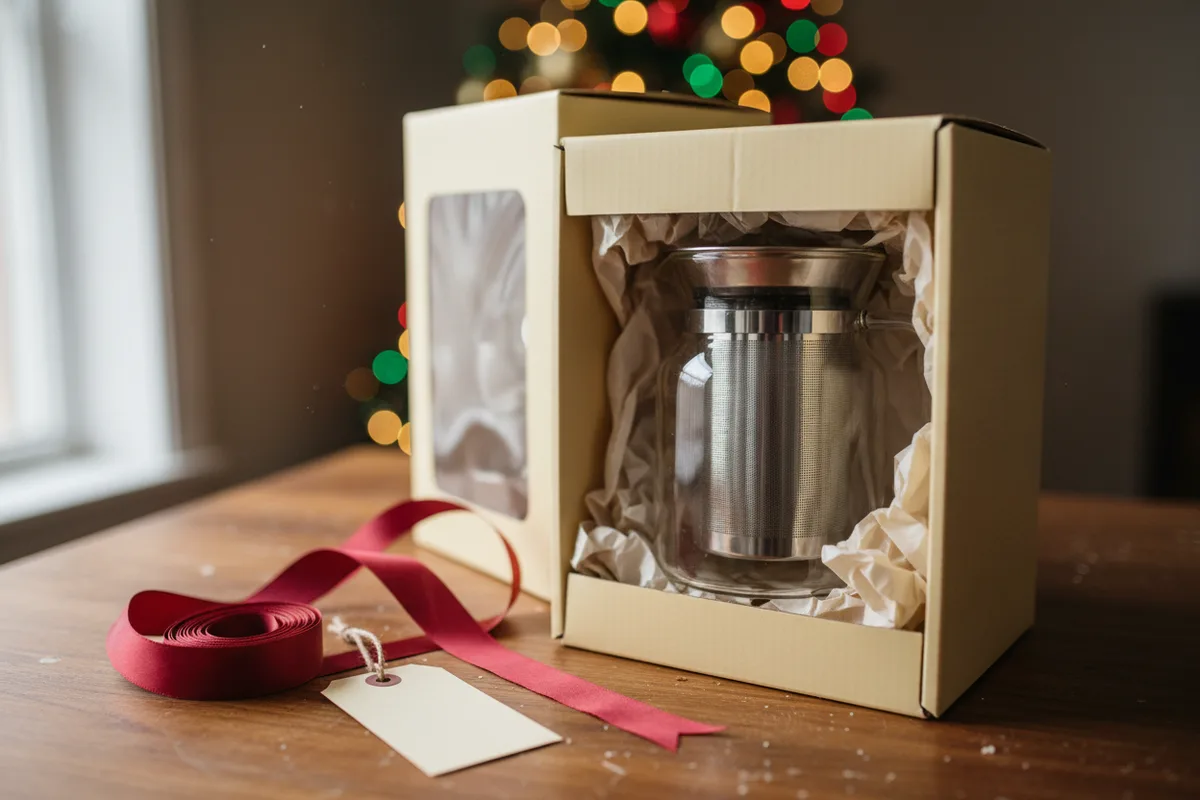 A glass cold brew coffee maker filled with coffee sits on a kitchen counter next to a glass of iced coffee.