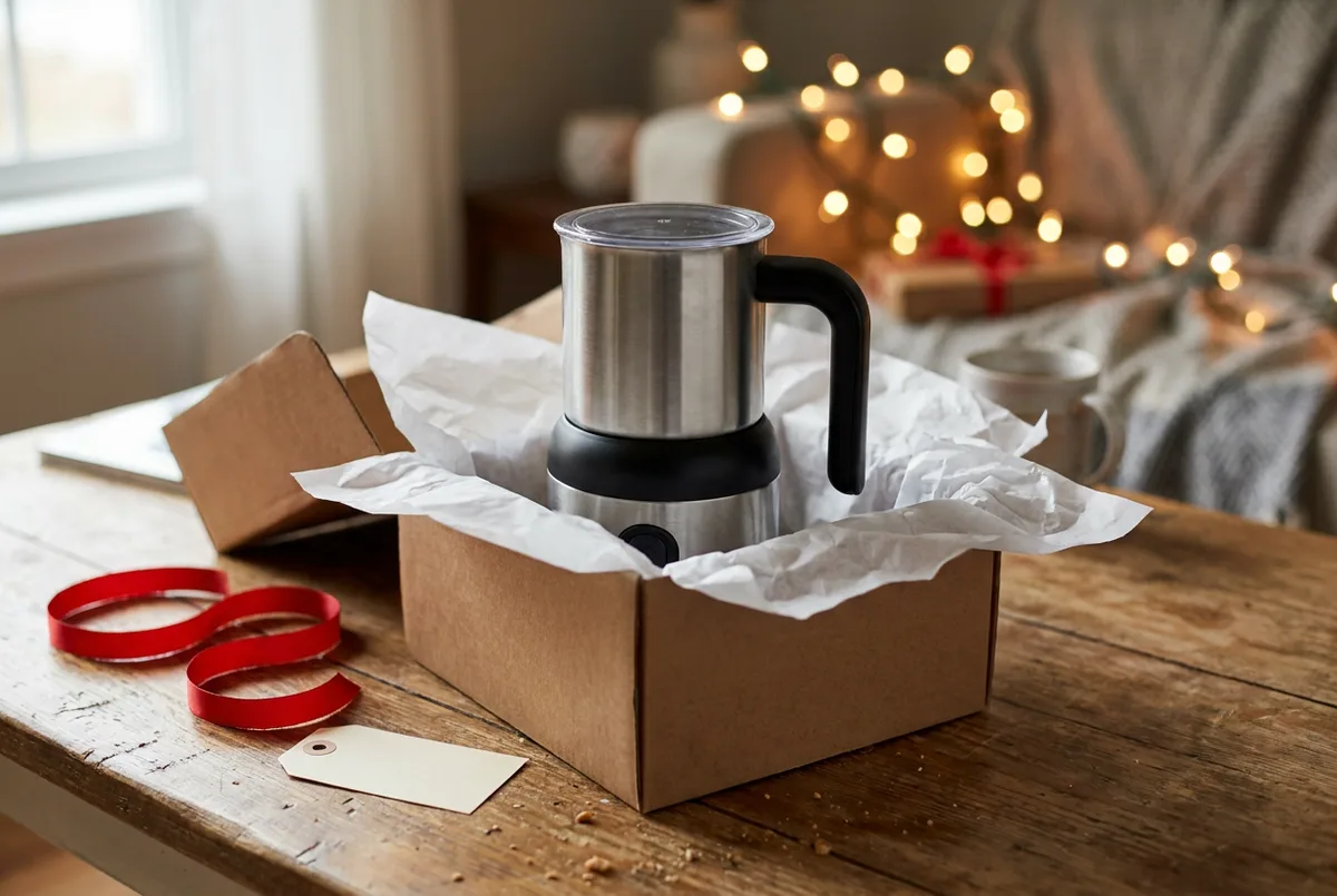 A handheld electric milk frother with a stainless steel whisk next to a mug of coffee.