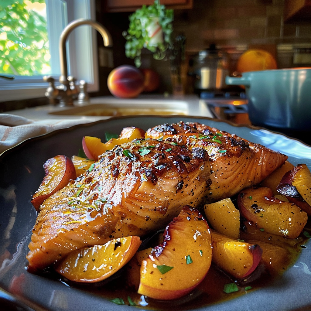 Bourbon Peach Roasted Salmon Dish