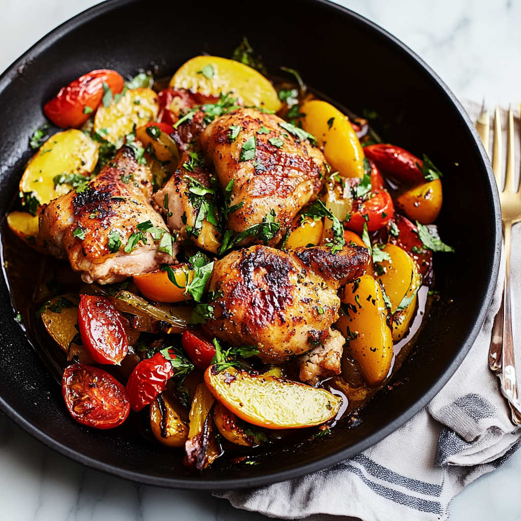 Skillet Roast Chicken with Peaches & Tomatoes