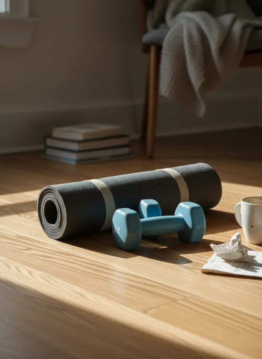 A home workout corner with a rolled-up yoga mat and a pair of light dumbbells on a wood floor.