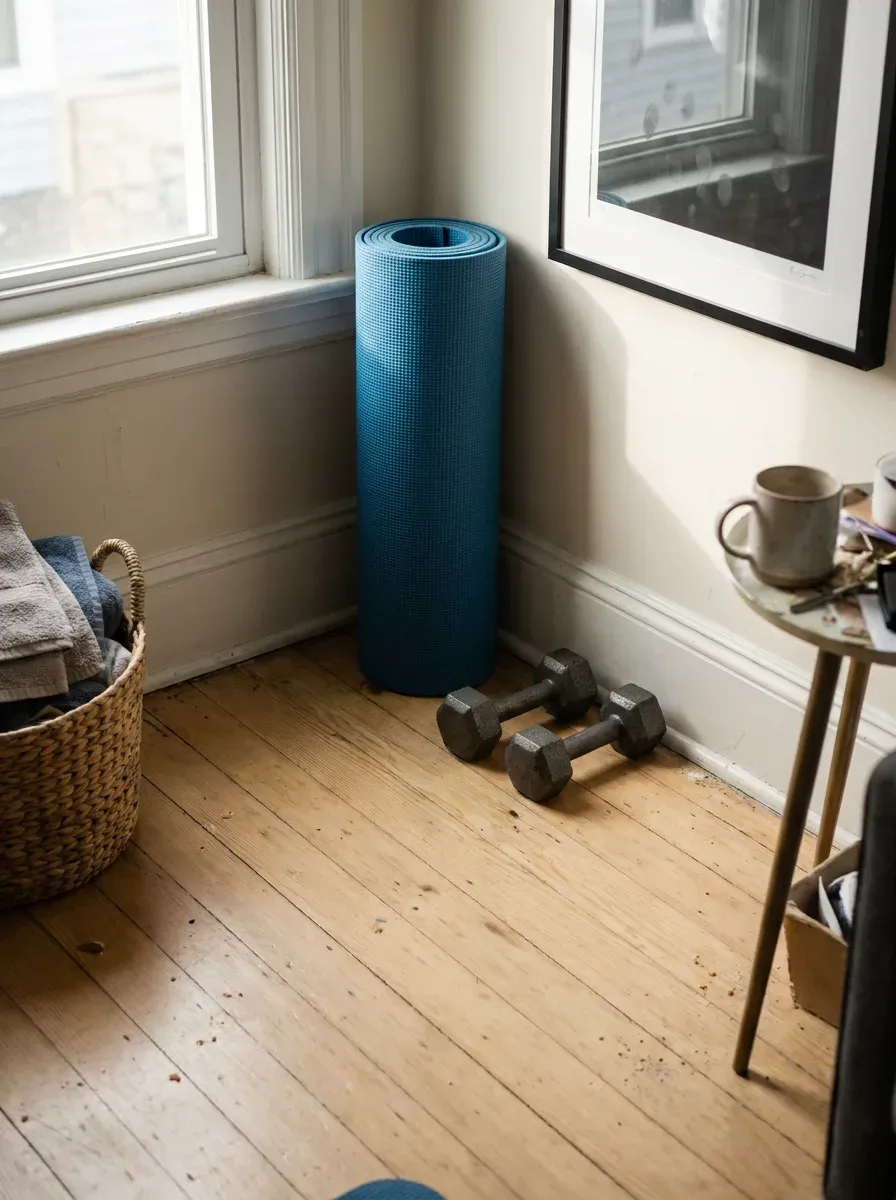A home workout corner with a rolled-up yoga mat and two dumbbells on the floor.