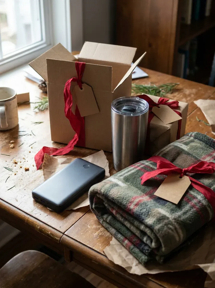 A fleece blanket, insulated tumbler, and wireless charging pad arranged on a wooden surface.