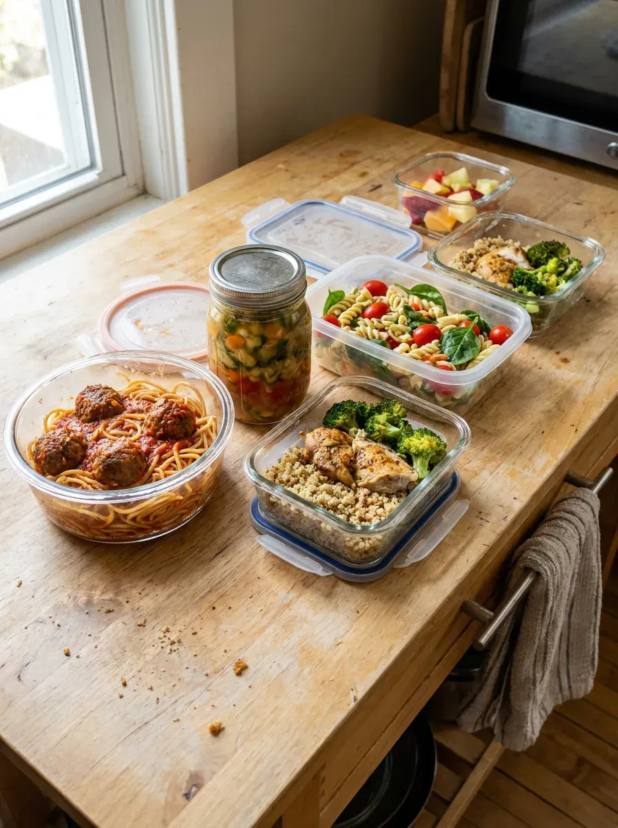 Several meal prep containers with different christmas lunches arranged on a kitchen counter.