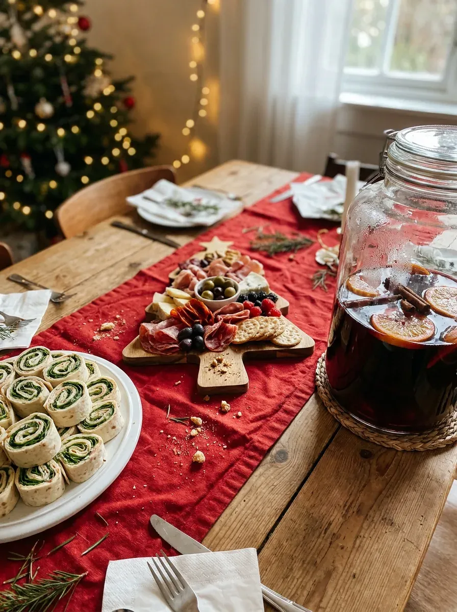 A festive Christmas party food table with a charcuterie board and appetizers.
