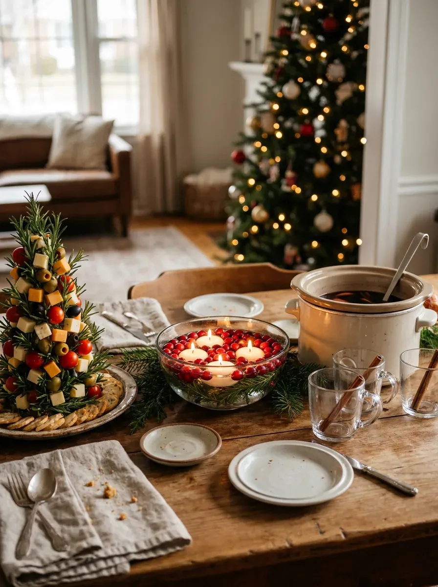 A decorated Christmas party table with a centerpiece, appetizers, and mulled wine.