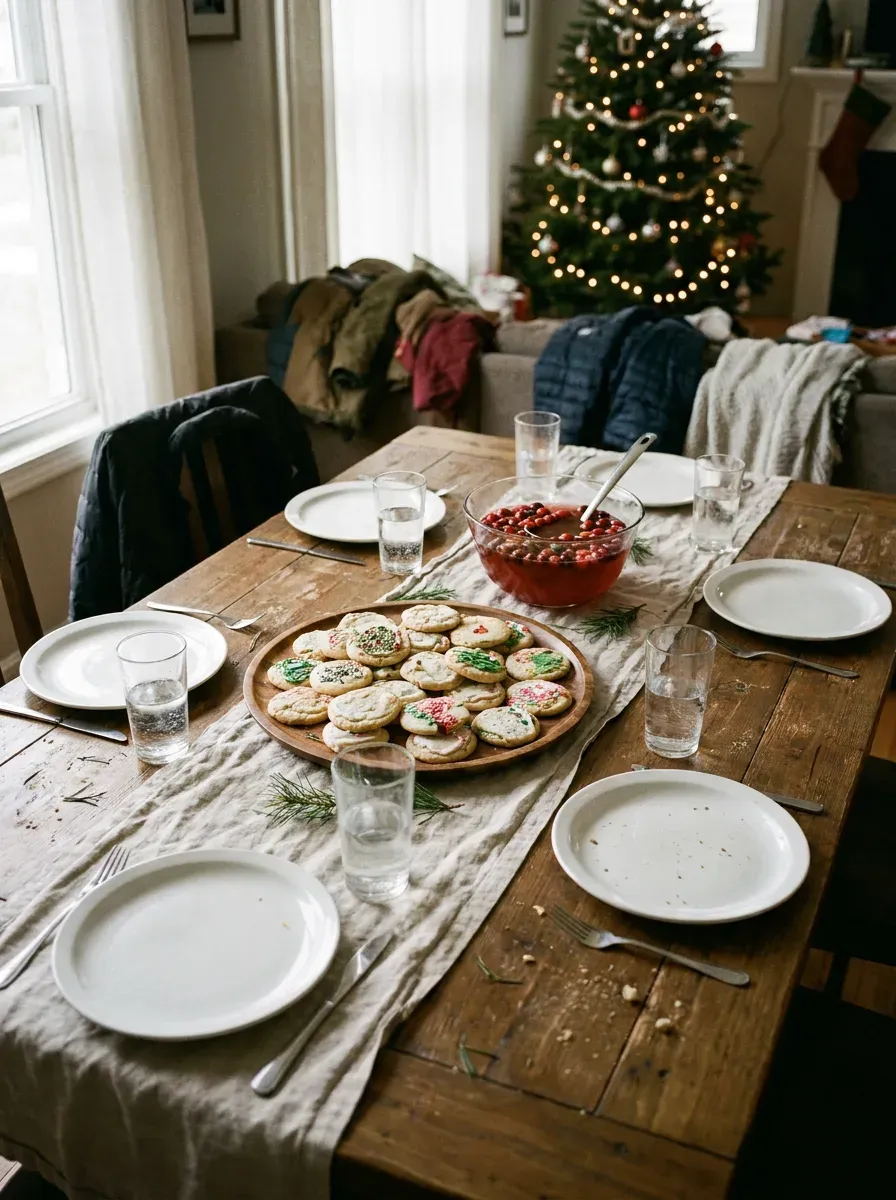 A decorated dining table set for a Friendsmas party with plates and food.