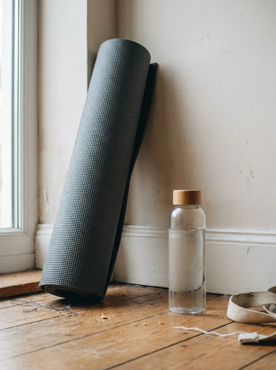 A home workout corner with a rolled up yoga mat and a water bottle.