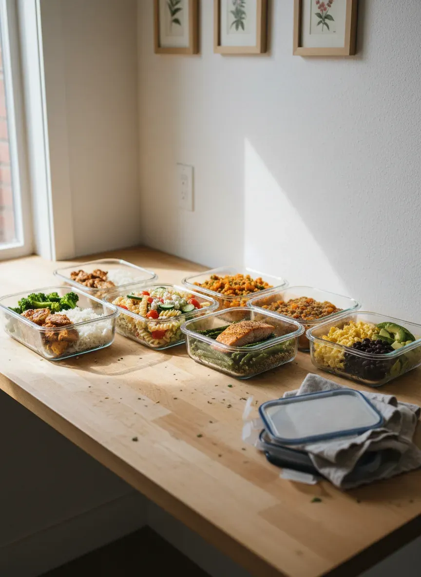 Several glass meal prep containers with different meals lined up on a kitchen counter.