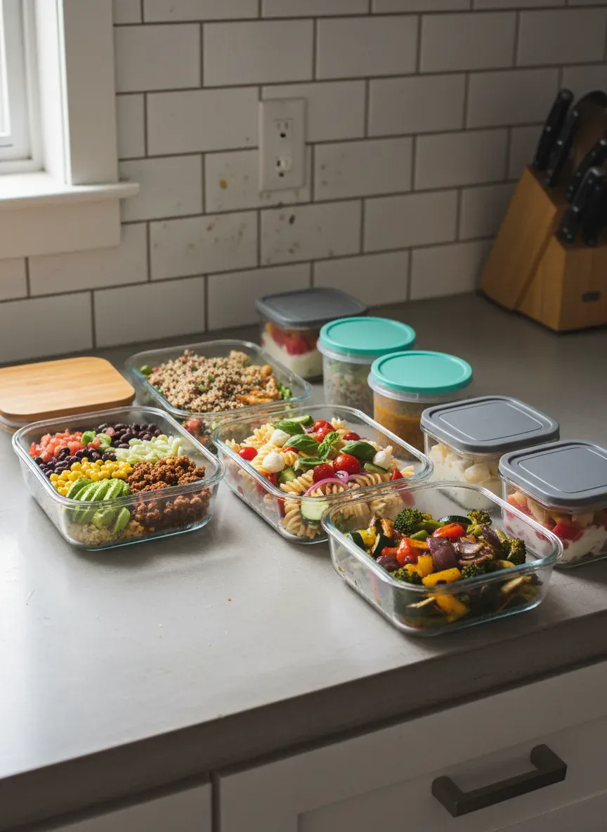 A week's worth of meal prep containers lined up on a kitchen counter.