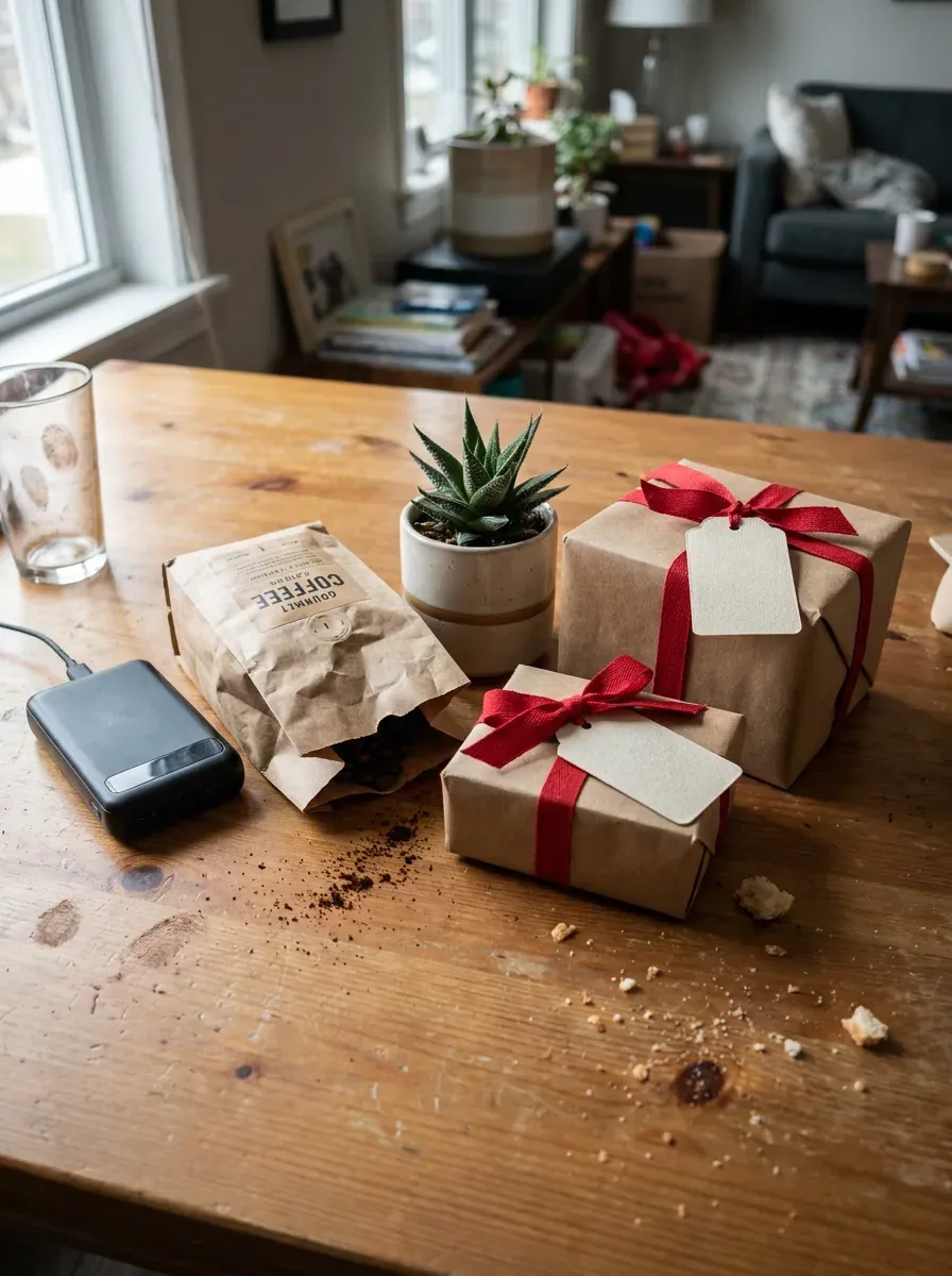 A fleece blanket, a small plant, and a journal arranged on a floor with wrapping paper, representing secret santa gift ideas.
